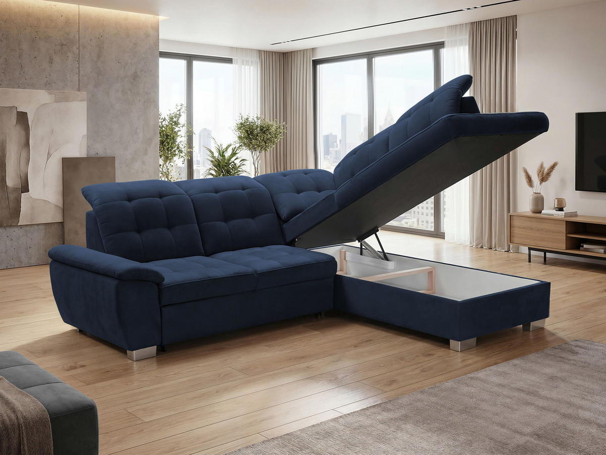ECKSOFA LENO Rechts, mit Schlaffunktion und Bettkasten, Marineblau - Dunkelblau, Kunststoff/Textil (261/220cm) - Idohome