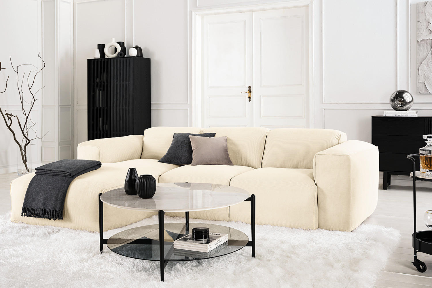 3-SITZER ECKSOFA mit Longchair - Beige/Schwarz, Textil (251/173cm) - home24