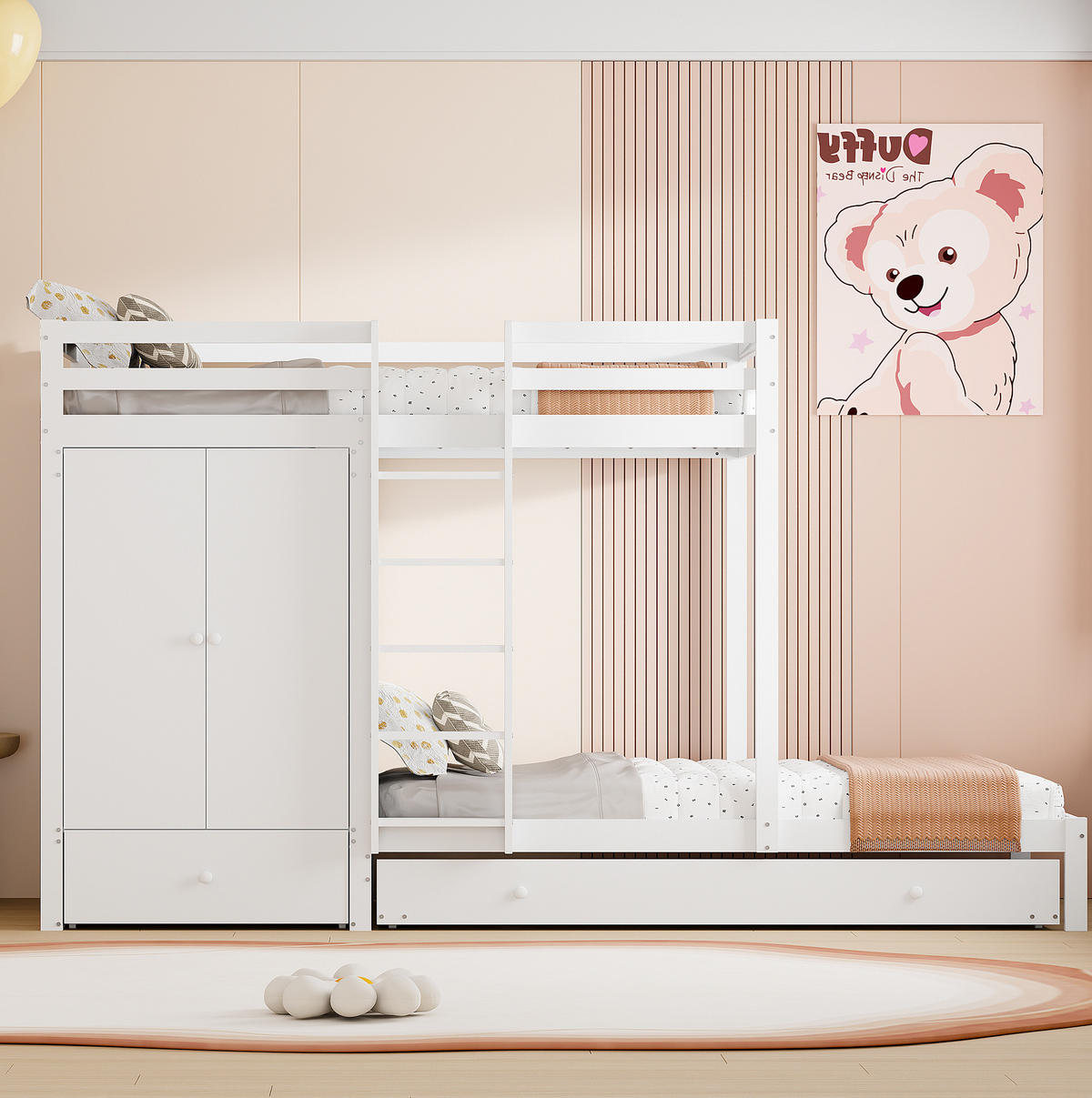 ETAGENBETT 90/200 cm aus Massivholz mit Ausziehbett und Kleiderschrank - Weiß, Holz (90/200cm) - OKWISH