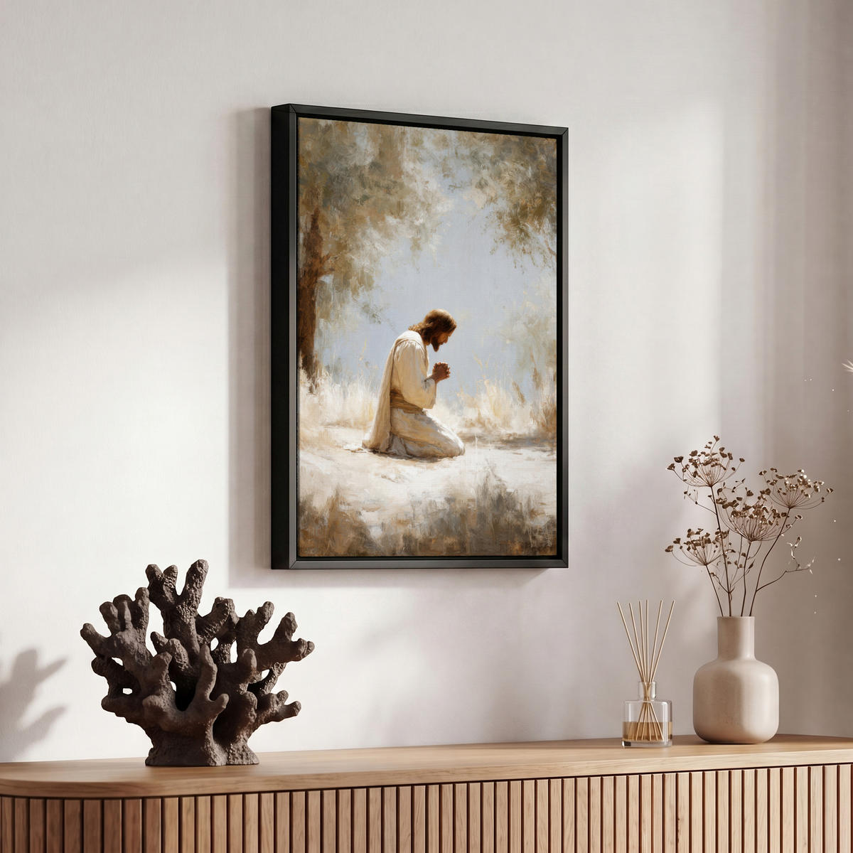 LEINWAND Bilder mit Rahmen - Jesus - Kniend - Waldlandschaft - Betend - 20x30 - Beige, Textil (20/30cm) - MuchoWow