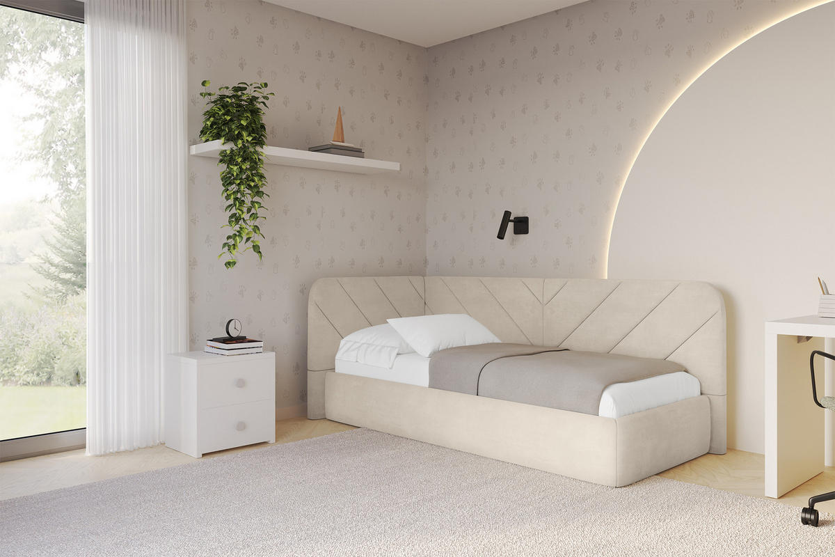 EINZELLBETT Jugendbett mit Bettkasten und Matratze H3/H4, Rechts - FIKY 80x200 Beige - Naturfarben, Holzwerkstoff/Textil (80/200cm) - ALTDECOR