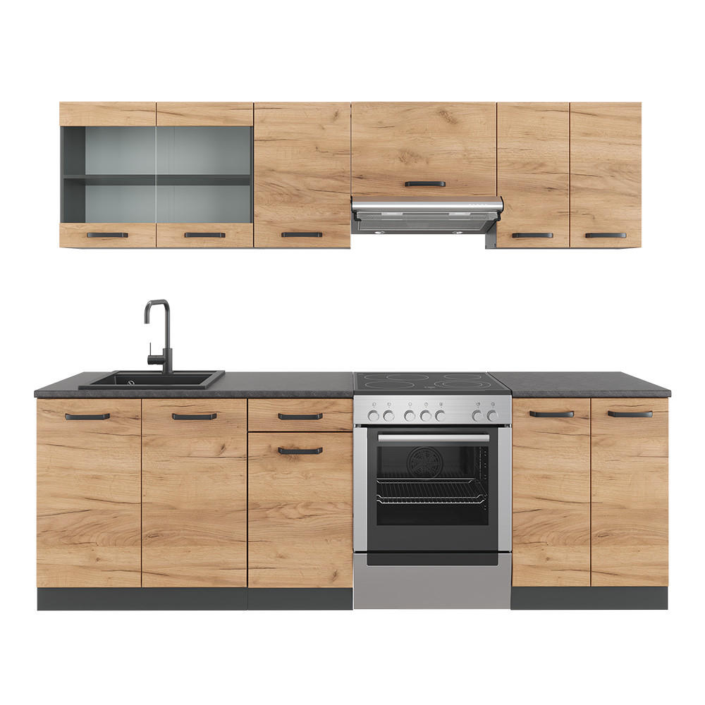 KÜCHENZEILE Raul Goldkraft Eiche/Anthrazit 240 cm AP Schwarz gemustert - Anthrazit/Eiche Wotan, Holzwerkstoff (240/81.6/60cm) - Vicco