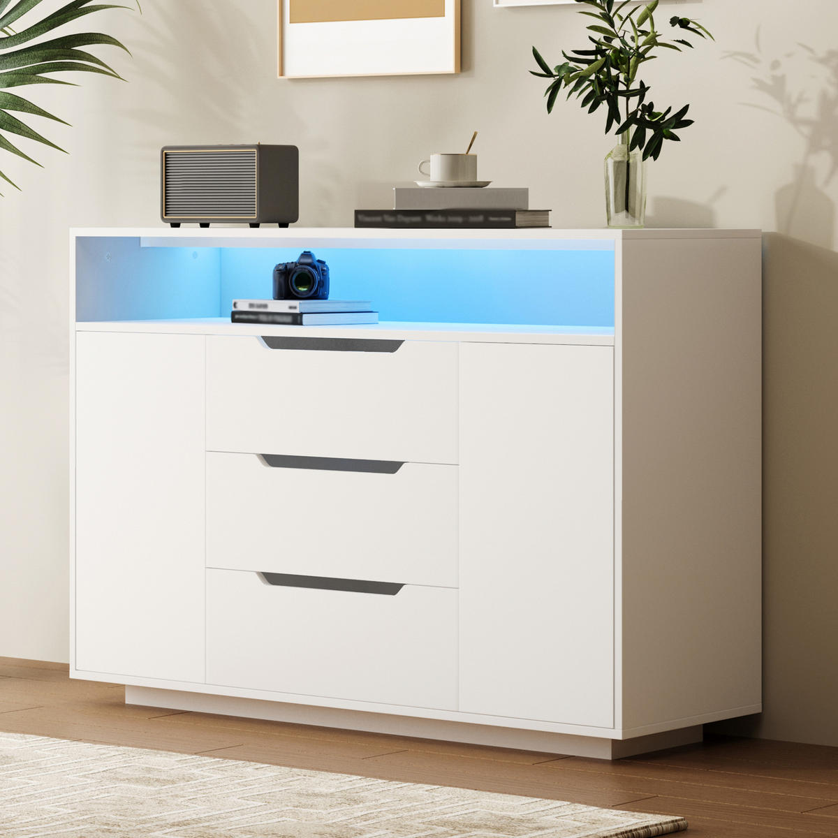 SIDEBOARD 120/40/85 cm weiß aus Holzwerkstoff mit offenem Regal, 3 Schubladen und LED - Weiß, Holzwerkstoff (120/85/40cm) - OKWISH