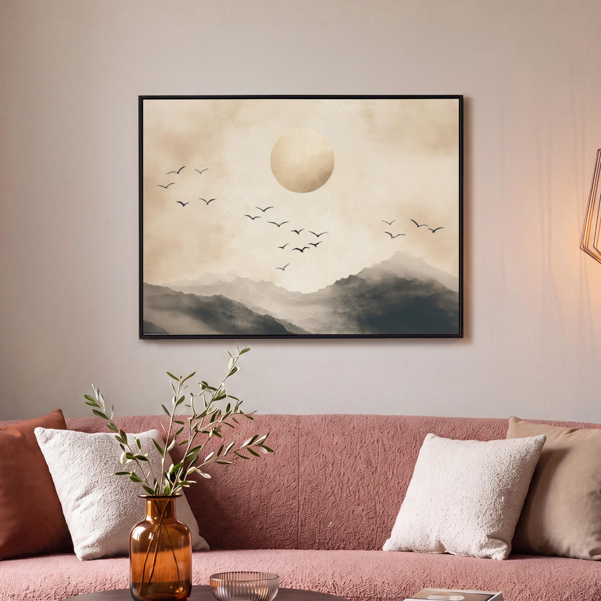 LEINWAND Bilder mit Rahmen - Landschaft - Japandi - Vogel - 70x50 - Beige, Textil (70/50cm) - MuchoWow