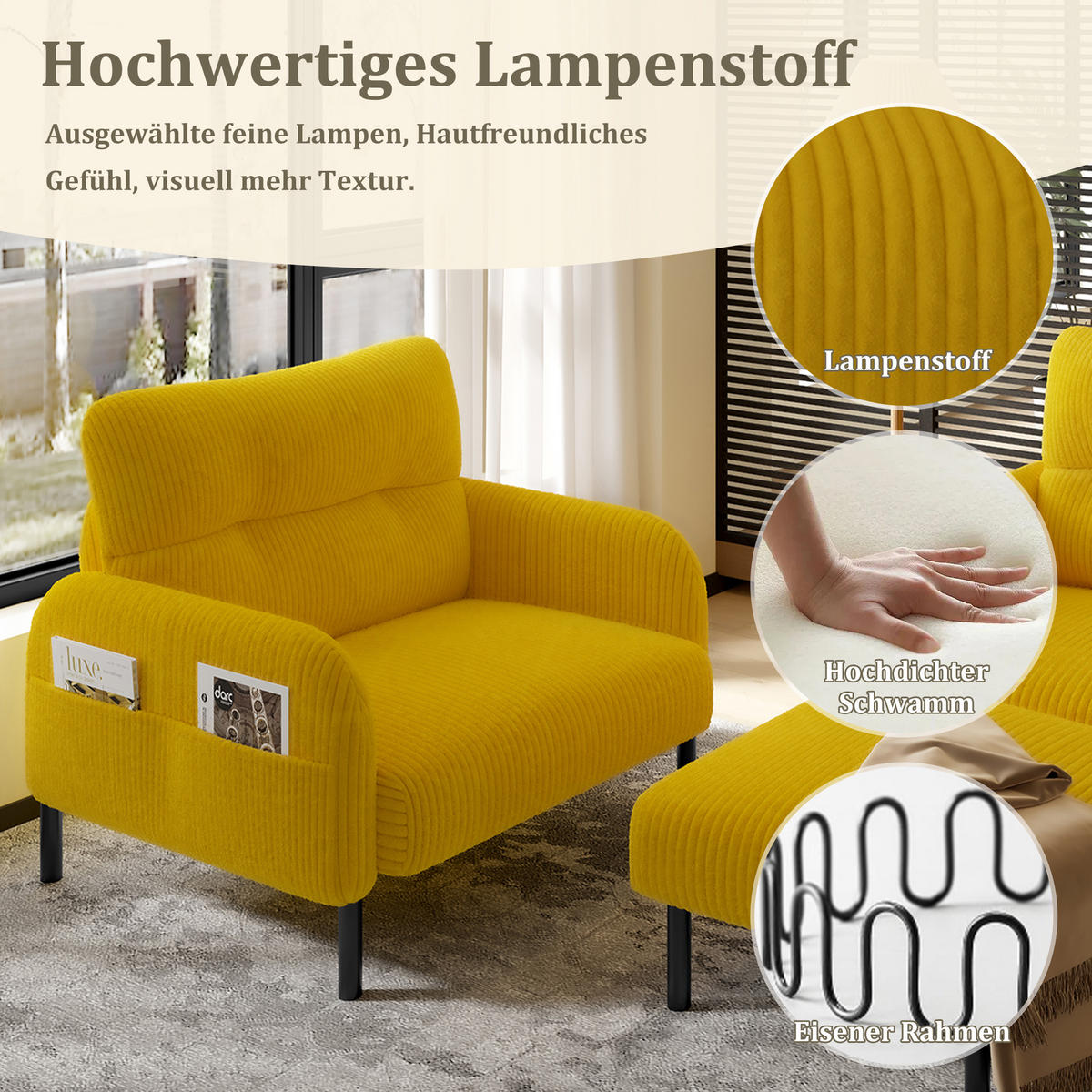 SITZGARNITUR DE-33649 modular mit Seitentasch Senfgelb - Gelb, Metall (120/79/75cm) - ComfortXL