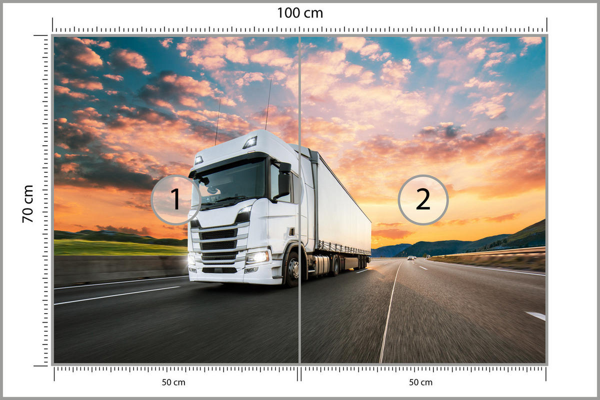 FOTOTAPETA Nákladné Auto Diaľnica Západ Slnka Hory 100 x 70 cm - oranžová/sivá, papier (100/70cm) - Muralo