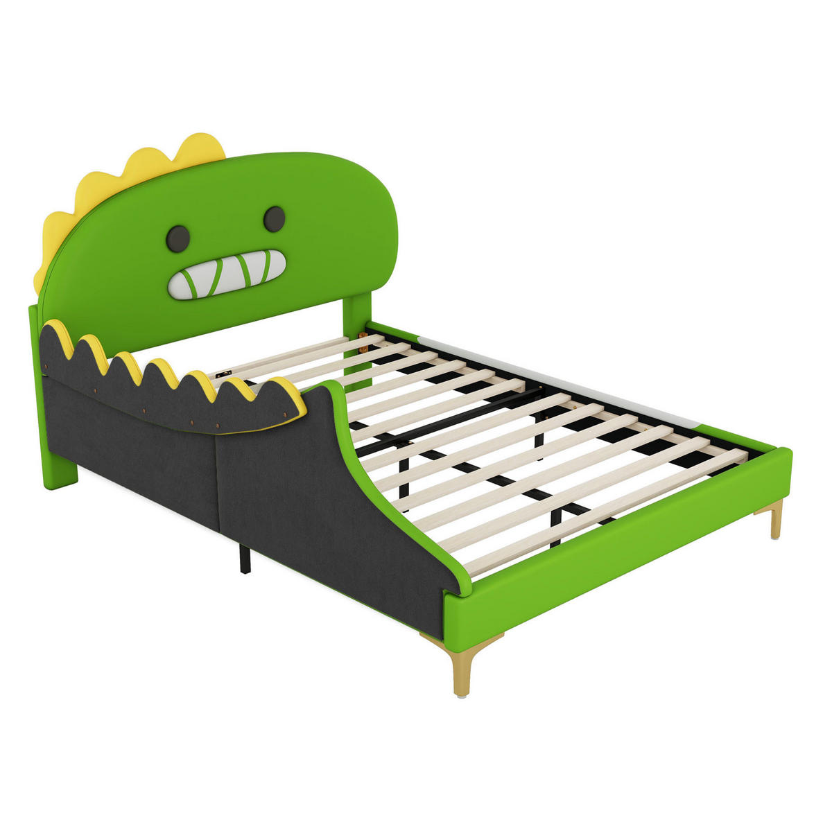 KINDERBETT 140/200 cm in Grün mit Dino-Kopfteil aus PU und MDF - Grün, Leder (140/200cm) - BEAOK