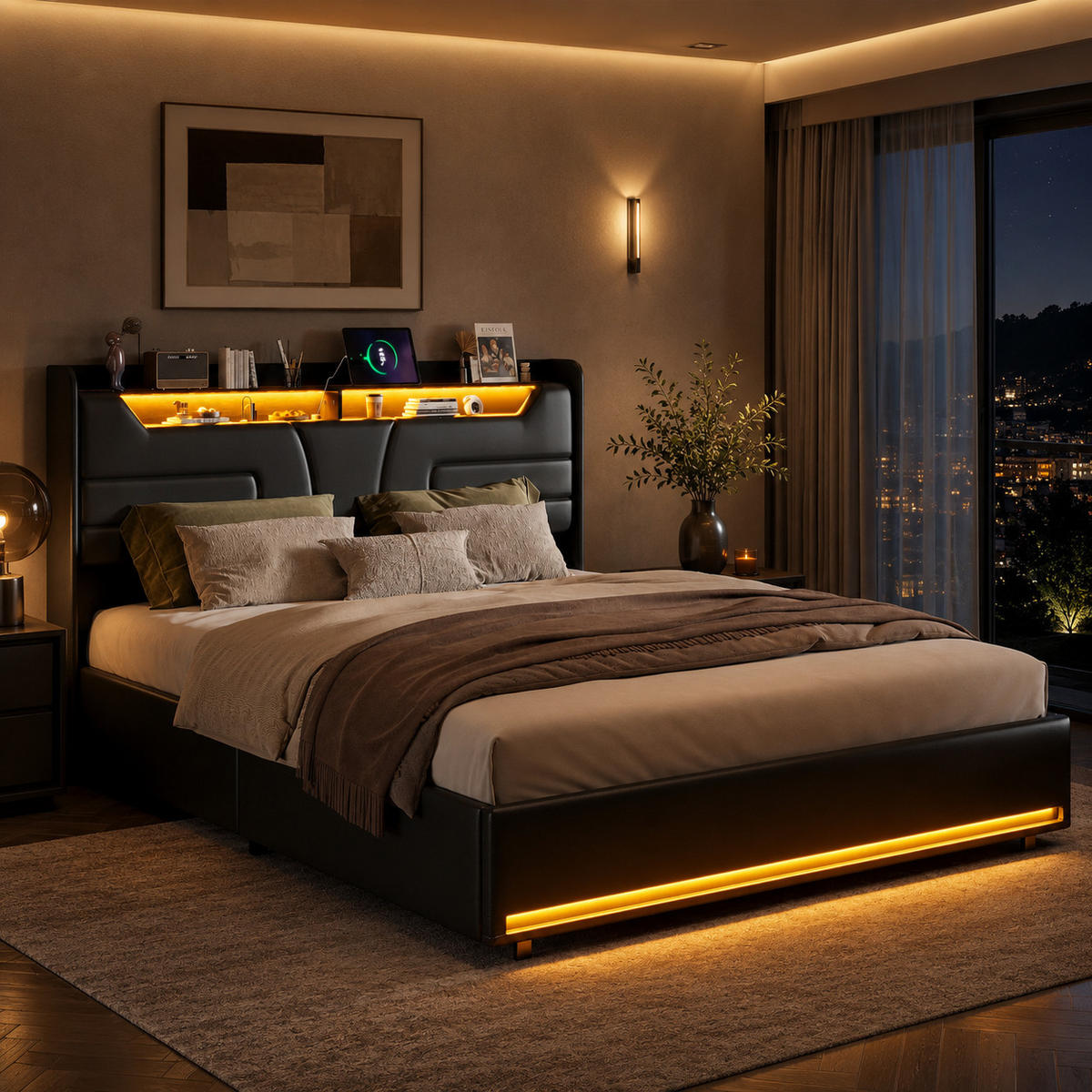 POLSTERBETT 140/200 cm mit LED‑Beleuchtung & USB‑Ladestation, modernes Bett mit Stauraum‑Kopfteil, schwarzes Kunstlederbett für Schlafzimmer - Schwarz, Holz/Metall (140/200cm) - Joyfair