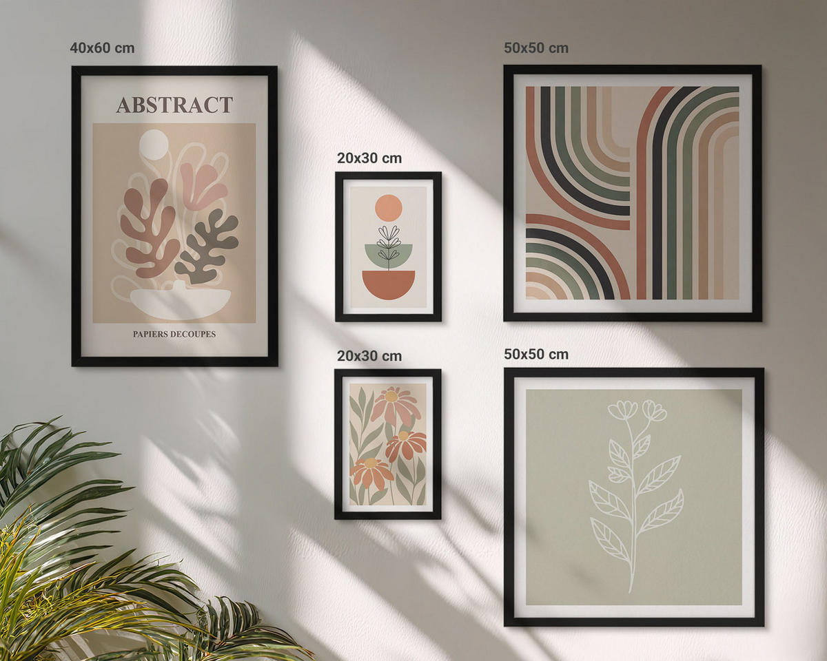 BILDER SET 5er Set - 50x50 cm & 20x30 cm & 40x60 cm Schwarzer Rahmen - Abstrakte Pastellpflanzen - Schwarz, Kunststoff (40/60cm) - TULUP