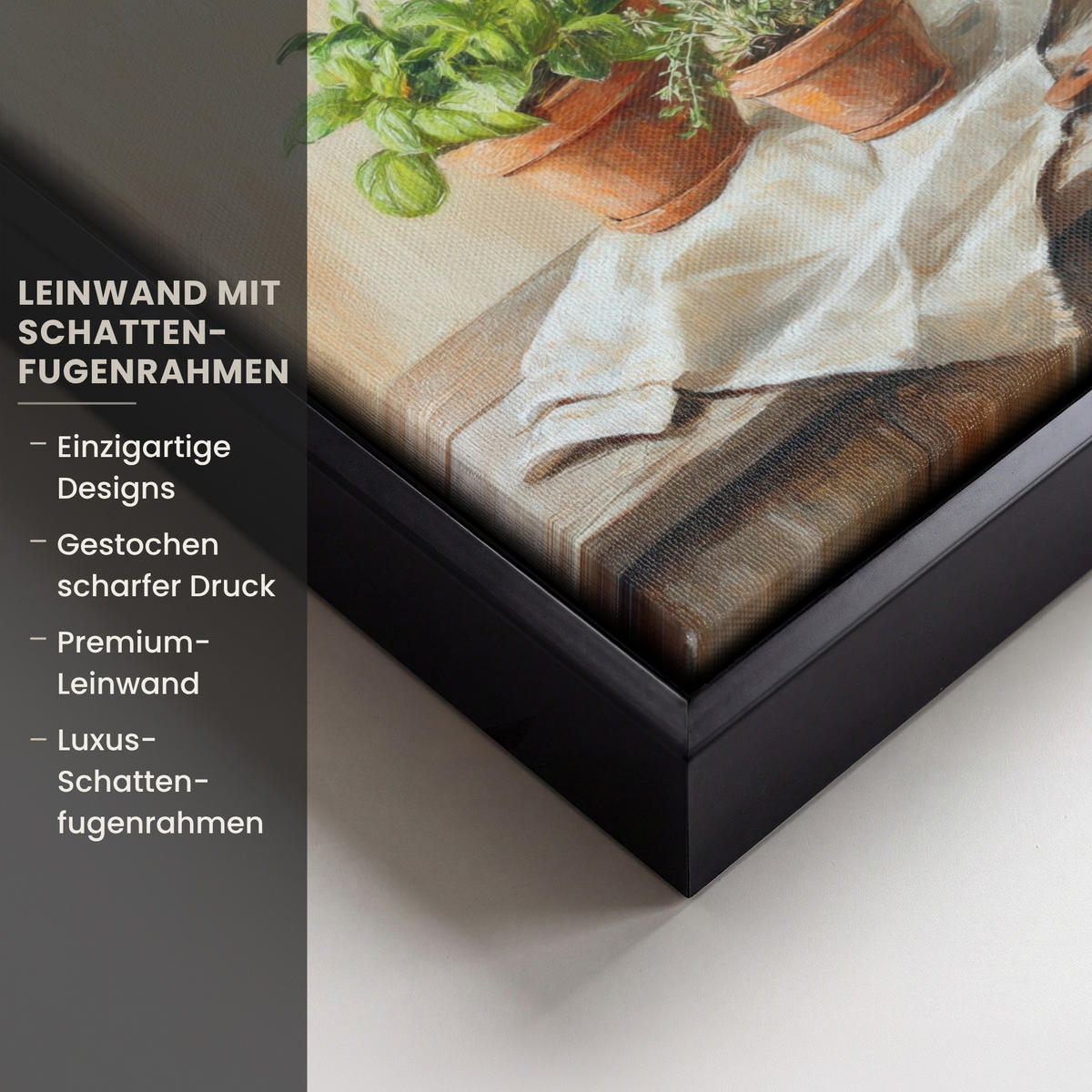 LEINWAND Bilder mit Rahmen - Töpfe - Kräuter - Holz - 30x20 - Terracotta, Textil (30/20cm) - MuchoWow