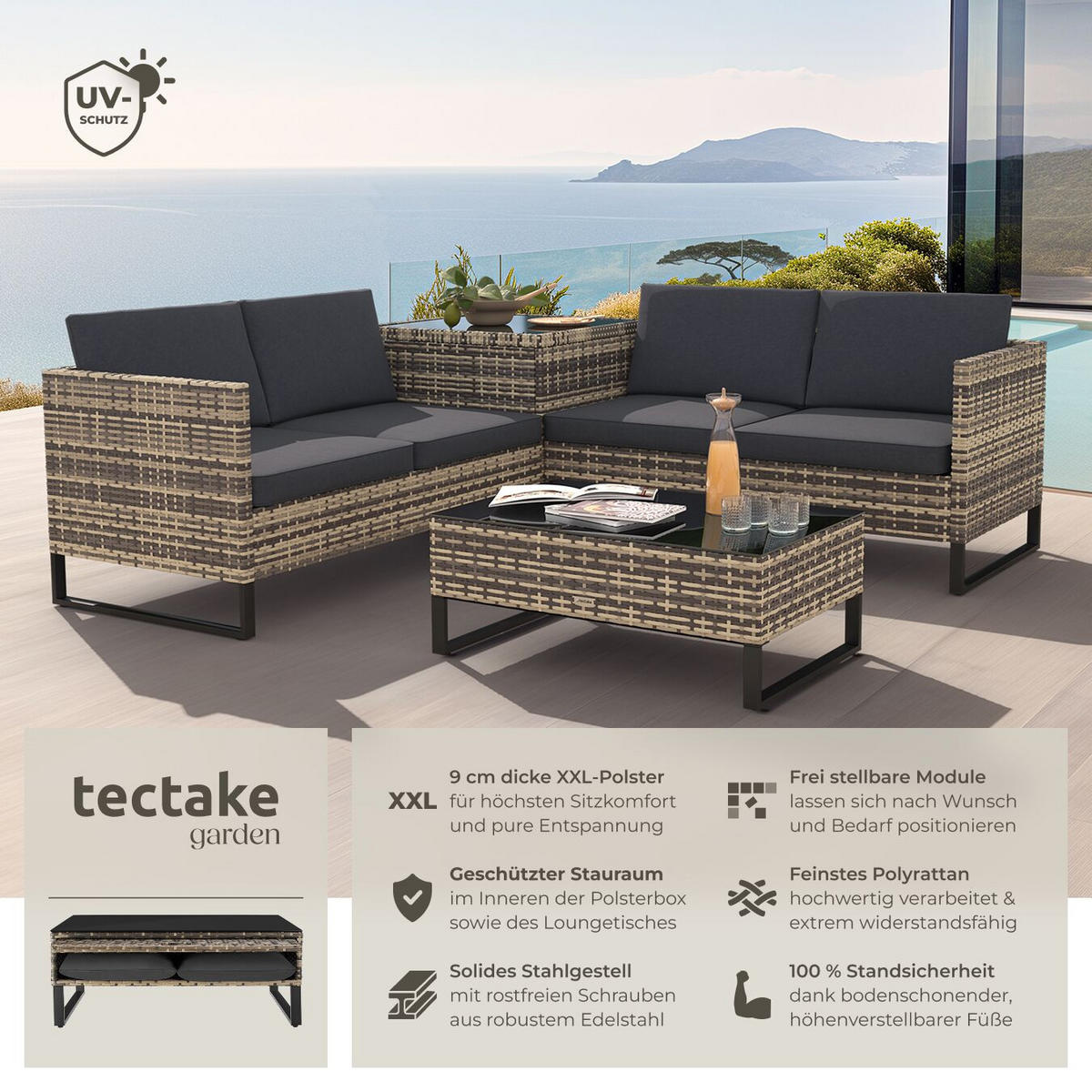 RATTANLOUNGE Ostuni, mit Sicherheitsglasplatte, natur - Naturfarben, Kunststoff - tectake