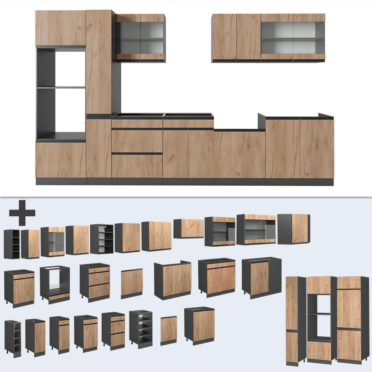 KÜCHENZEILE R-Line Goldkraft Eiche/Anthrazit 350 cm J-Shape ohne AP - Honigeiche/Anthrazit, Holzwerkstoff (350/81.6/46cm) - Vicco