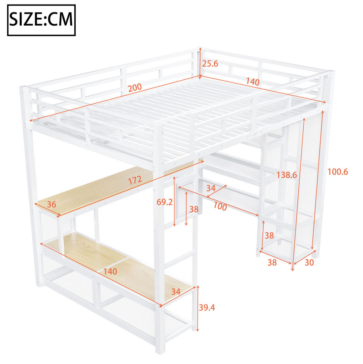HOCHBETT 140/200 cm aus Metall und MDF mit Schreibtisch Kleiderschrank LED und USB-Anschluss Weiß - Weiß, Holzwerkstoff (140/200cm) - Modenvie
