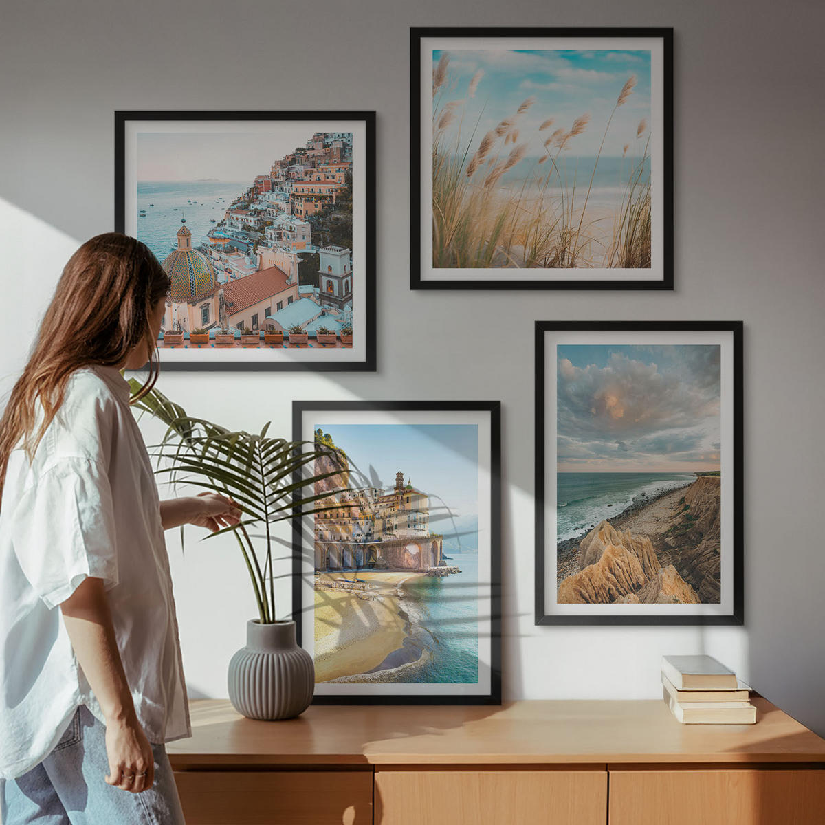 BILDER SET 4er Set - 50x50 cm & 40x60 cm Schwarzer Rahmen - Landschaften Strand Stadt Klippen - Schwarz, Kunststoff (50/50cm) - TULUP
