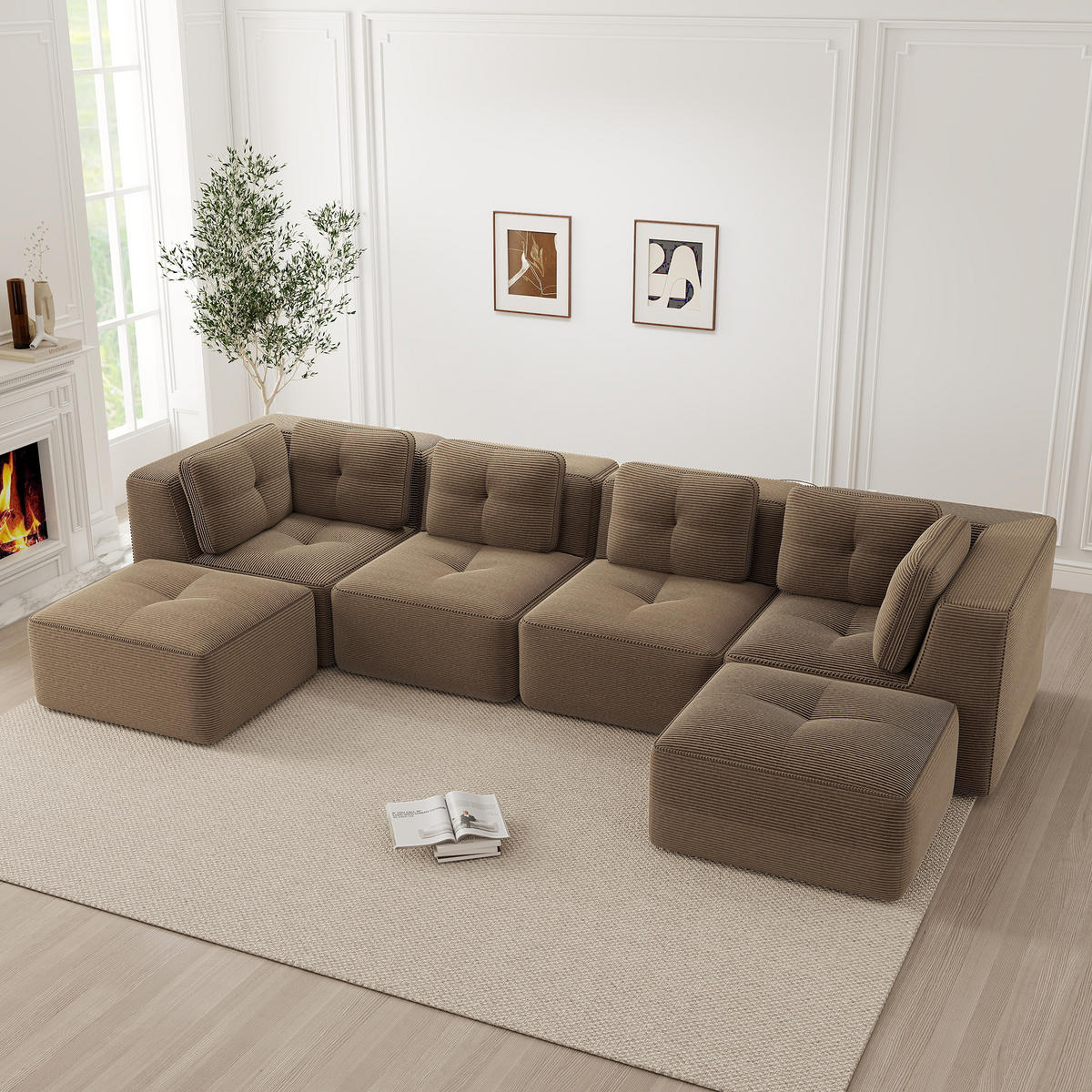 4-SITZER Sofa 386×177×69 cm Cordstoff rahmenlos modular mit 2 Ottomanes, braun - Braun, Textil (177/69/386cm)