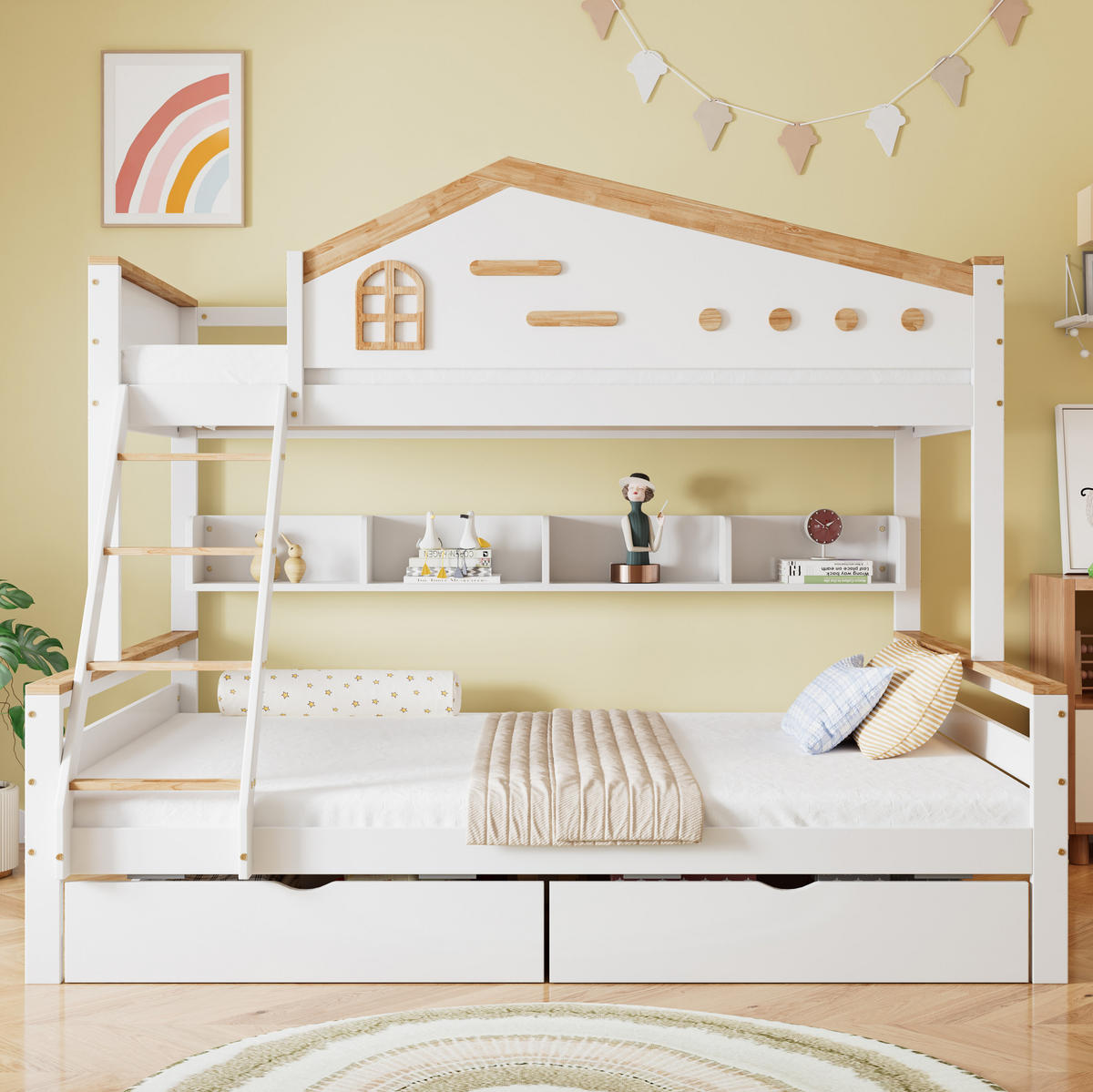 ETAGENBETT aus Kiefer und MDF 90x200/140x200 cm Weiß/Natur mit Schubladen, Regal und vierstufiger Schrägleiter - Weiß, Holzwerkstoff (90/200cm) - Modfu