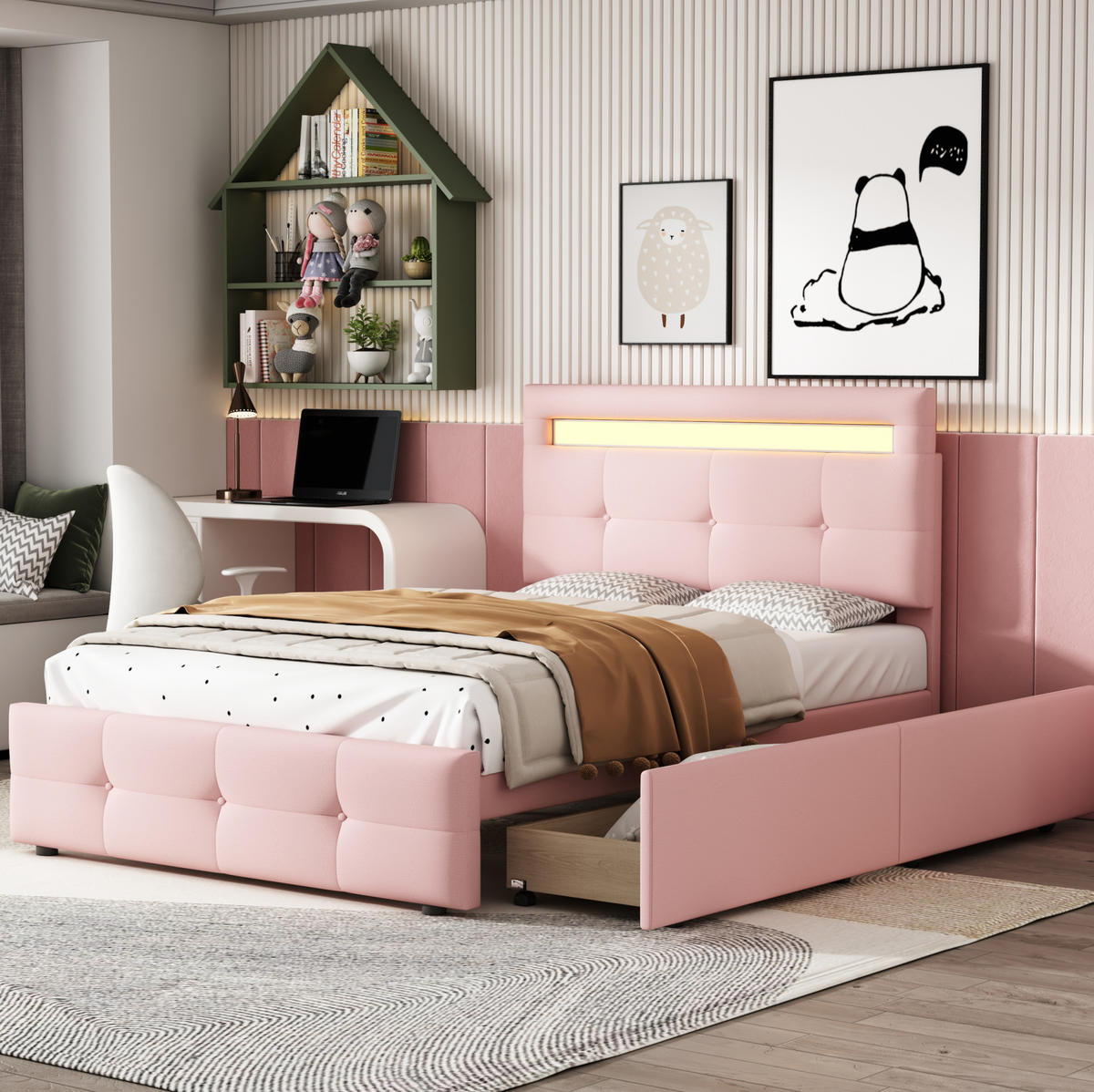 BETT mit LED und 2 Schubladen 90x200 cm Pink - Pink, Holz (90/200cm) - Meubliv