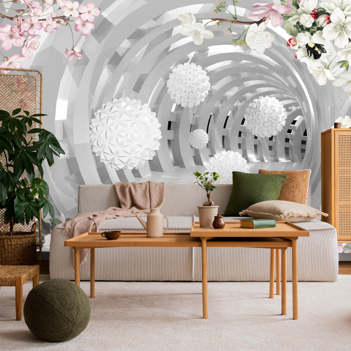 FOTOTAPETE für Wohnzimmer Tunnel mit BLUMEN KUGELN Floral Perspektive 500x350 - Rosa/Weiß, Papier (500/350cm) - Muralo