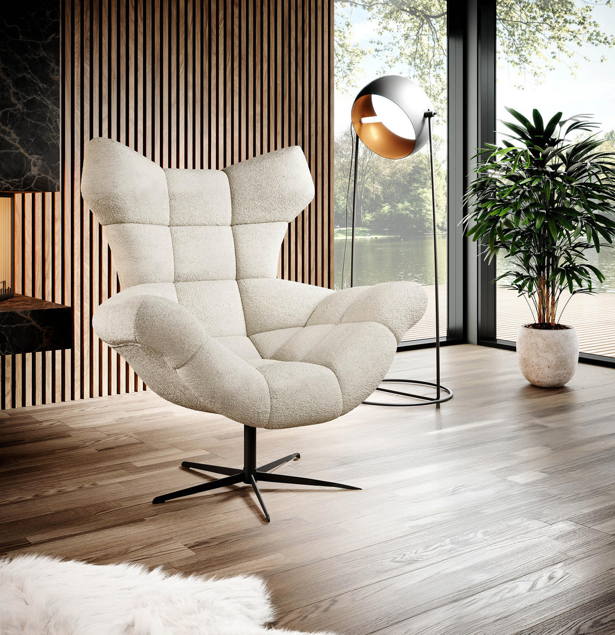 SESSEL SENSI Relaxstuhl mit 360° Drehung und Schwingfunktion – Lux-Schaumkissen, Beige, 104x46x119 cm - Beige/Schwarz, Holz/Textil (104/119/84cm) - DomoHome