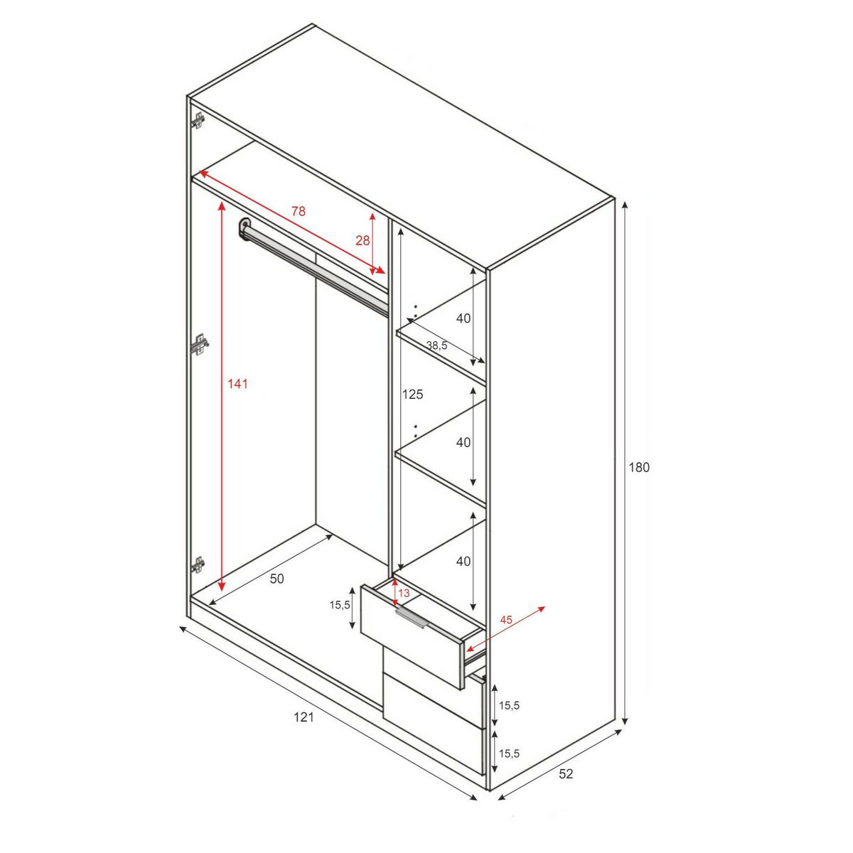 KLEIDERSCHRANK 3 TÜREN Weiß, Eiche 52/121/180 cm - Weiß, Holzwerkstoff (121/180/52cm) - DMORA