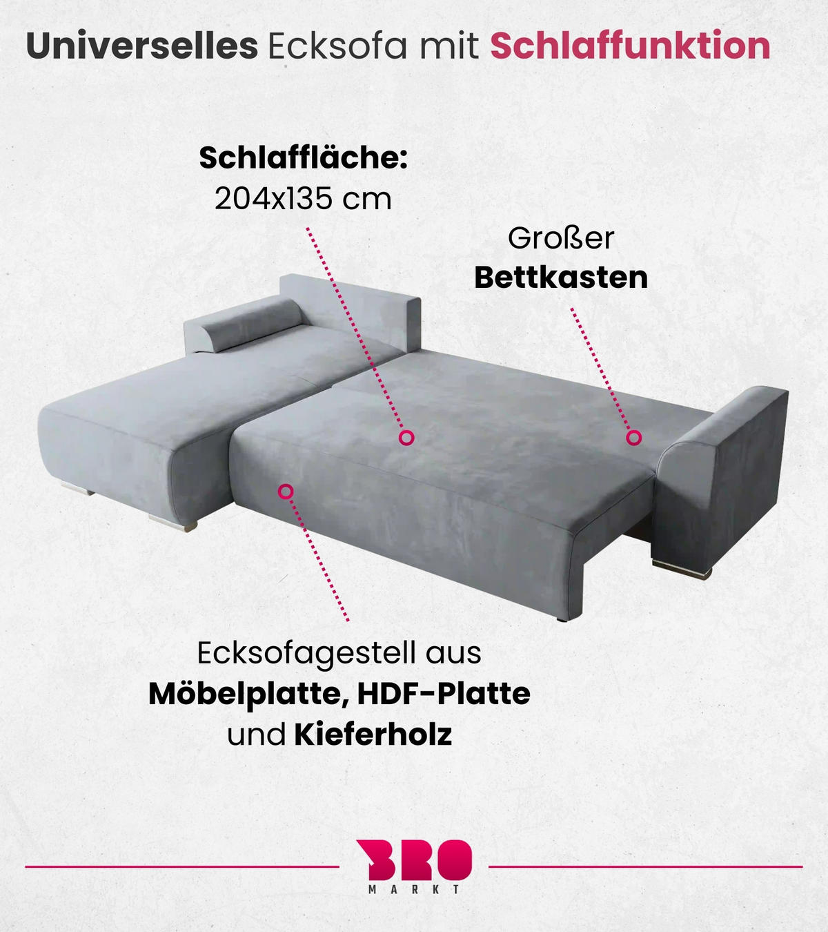 ECKSOFA Sydney mit Schlaffunktion Grau Plüsch - Hellgrau, Textil (280/184cm) - Bromarkt