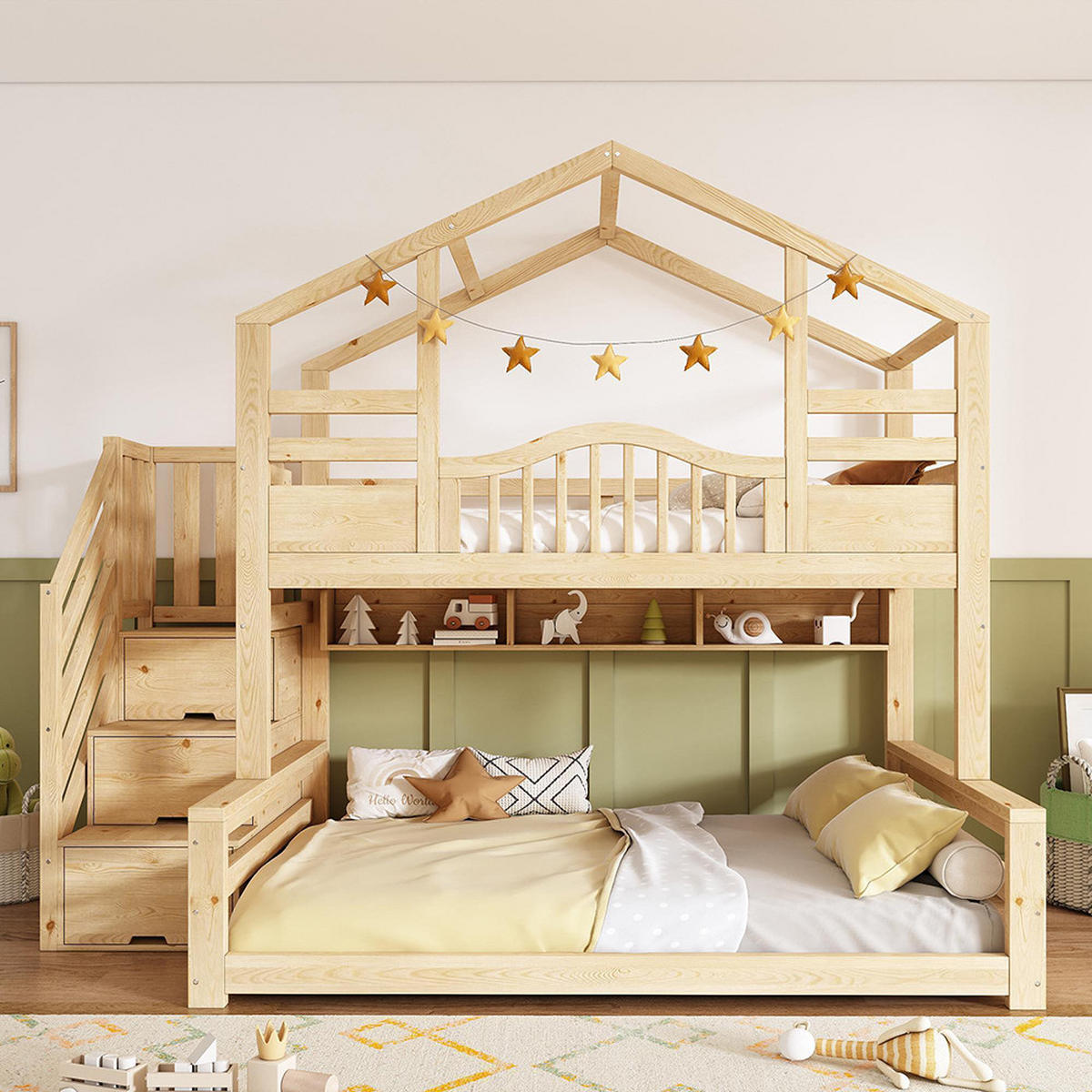 HAUSBETT 90x200 oben 140x200 unten mit Treppenschrank in Hell Natürlich - Naturfarben, Holz (140/200cm) - KOMHTOM