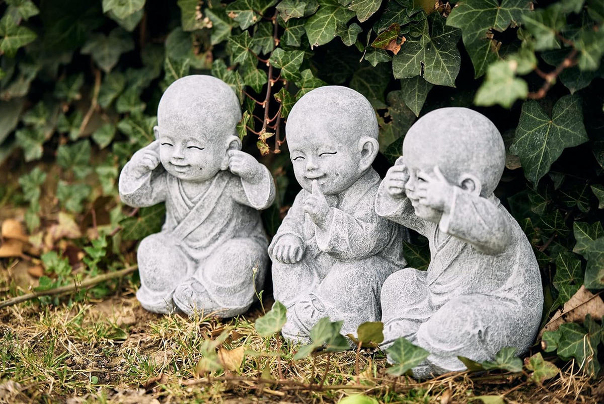 STEINFIGUR 3er Set Shaolin Mönche Nichts sehen, Nichts hören, Nichts Sagen, Steinguss - Grau, Stein (8/16/10cm) - stoneandstyle