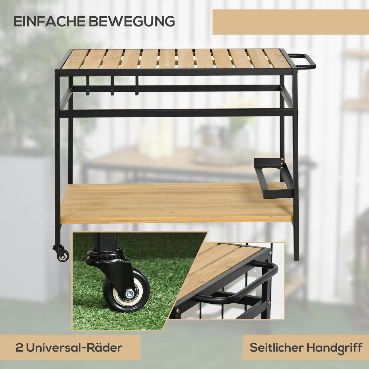 SERVIERWAGEN, Gartenrollwagen mit 2 Regalen, Haken, Rollen, Stahl, Tannenholz, Natur - Fichtefarben, Holz/Metall (65/80/107cm) - Outsunny