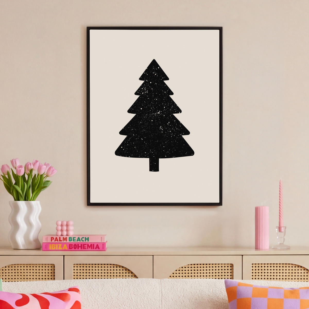 LEINWAND Bilder mit Rahmen - Weihnachtsbaum - Schwarz - Urlaub - Beige - 70x100 - Schwarz, Textil (70/100cm) - MuchoWow
