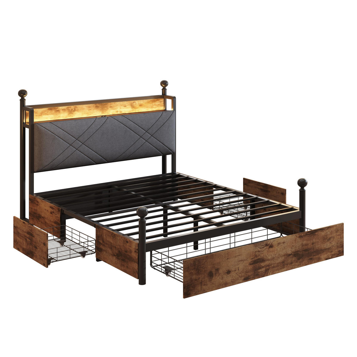 POSTEL s nebesy 140/190 cm černá z kovu s LED osvětlením USB/Type-C a úložným prostorem - černá, kov (140/190cm) - OKWISH