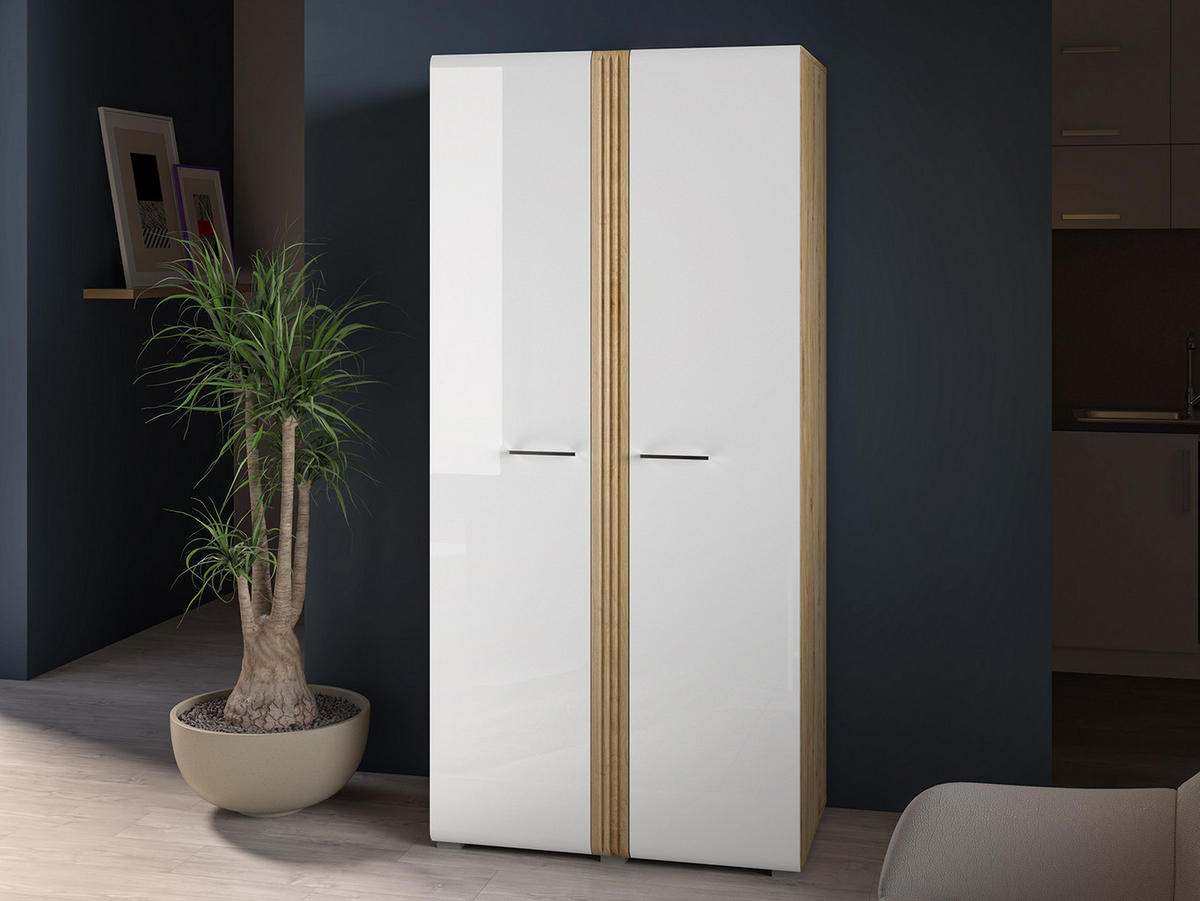 KLEIDERSCHRANK Adagio weiß hochglanz / Eiche castello 92 / 56 / 196cm - Weiß Hochglanz/Weiß, Holz/Holzwerkstoff (92/196/56cm) - Feldmann-Wohnen