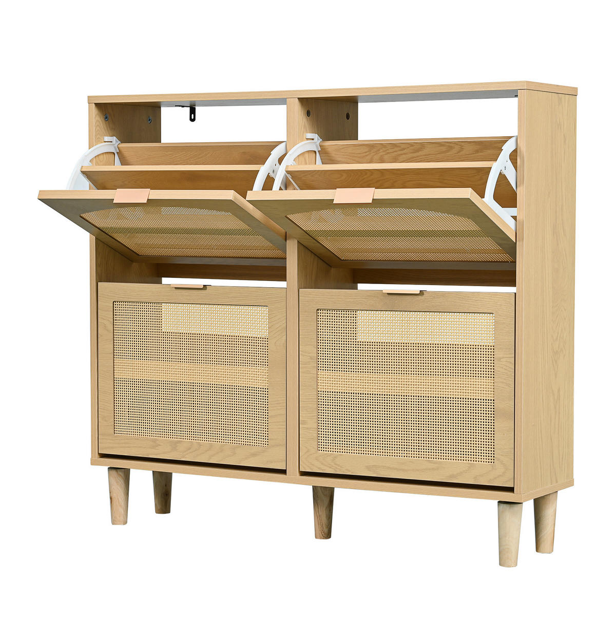 SCHUHSCHRANK 100/25/90 cm in Eichefarben mit 4 Klappen und Rattanfront - Naturfarben, Holzwerkstoff (100/90/25cm) - Flora Grace