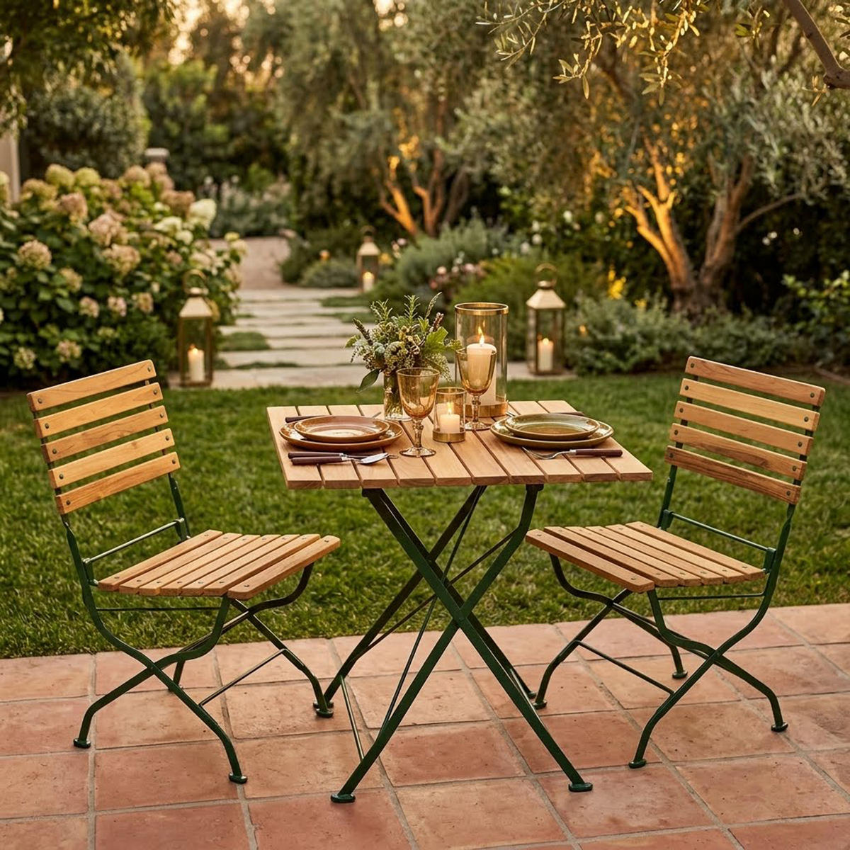 BISTRO Set Genf - Gartenmöbel Garten-Garnitur 3-teilig, Sitzgruppe für 2 Personen - Flachstahl Robinienholz dunkelgrün - Grün, Holz - TPFGarden