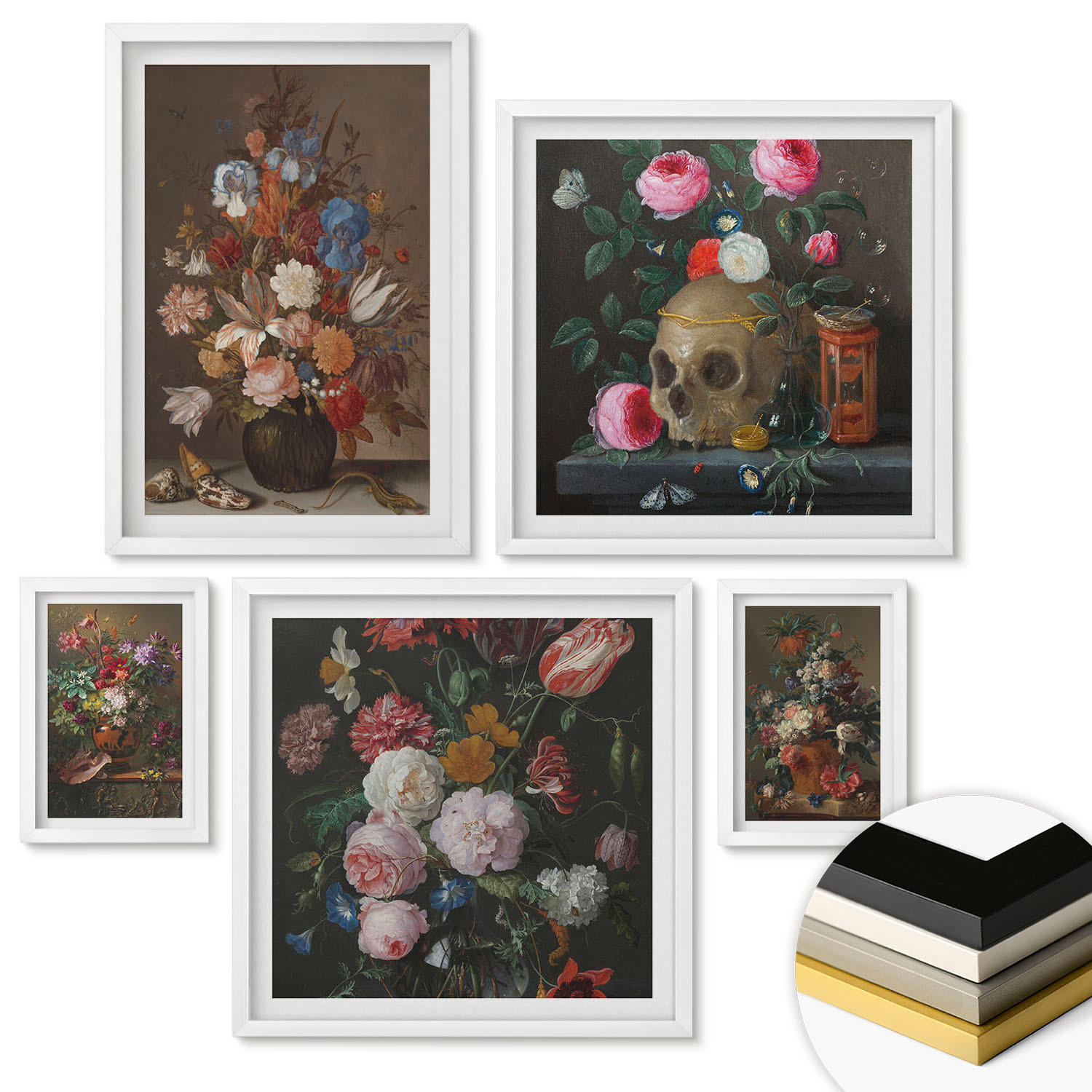 WANDBILDER 5er-Set - 50x50 cm & 20x30 cm & 40x60 cm Weißer Rahmen - Pfingstrosenporträt einer Frau für Zuhause - Weiß, Kunststoff (40/60cm) - ArtPrintCave
