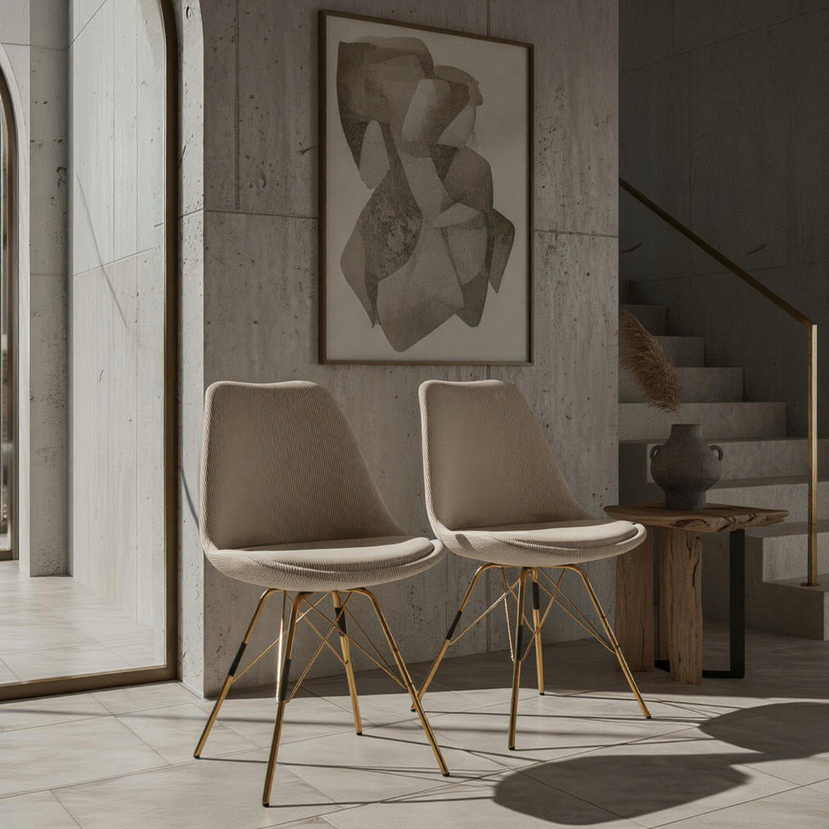 ESSZIMMERSTUHL 2er Set Cordstoff mit Metallgestell Schalenform Skandinavisch gepolstert, Beige 48x58x85 cm - Beige/Goldfarben, Textil/Metall (48/85/58cm) - KADIMA DESIGN