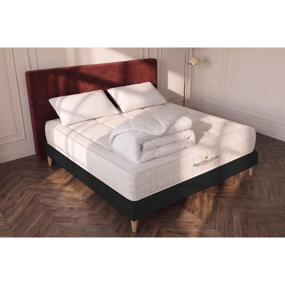 BETT Balmoral Memory-Schaum 140 x 190 cm h3 - Kit Bettgestell Schwarz - Mit Kissen und Bettdecke - Beige/Schwarz, Karton/Holz (140/190cm) - ROYAL PALACE BEDDING