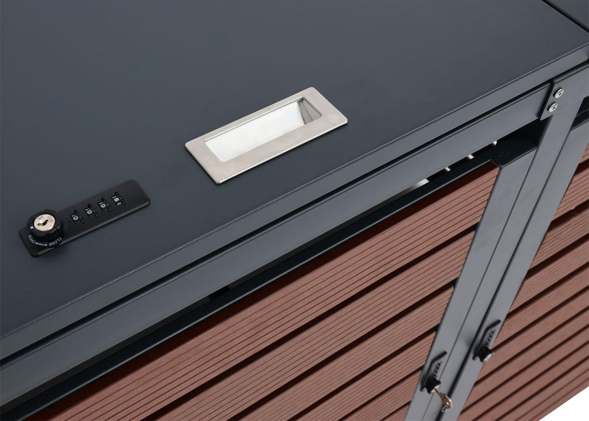 MÜLLTONNENBOX 3er HxBxT 119x205x84cm Walnuss-Holzoptik WPC Metall 109kg - Braun, Metall (205/119/84cm) - PROREGAL