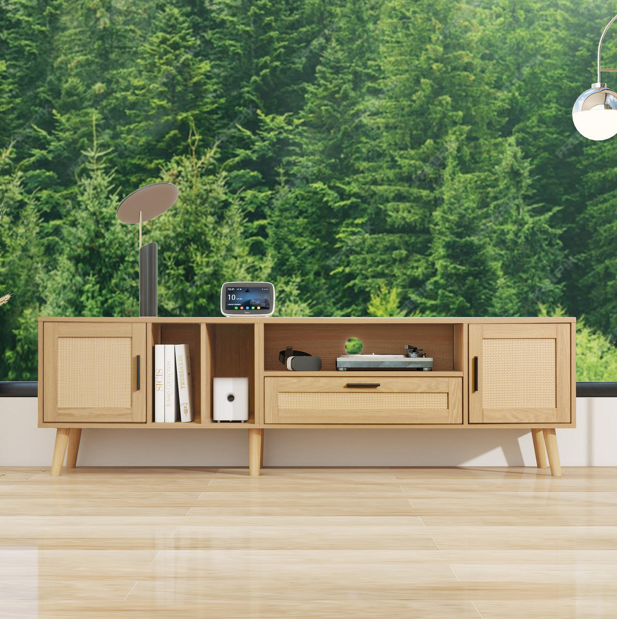 TV-SCHRANK in Eiche-Optik mit Rattan-Front, 2 Türen und 1 Schublade 180/40/48 cm - Eichefarben, Holzwerkstoff (180/54/40cm) - Redom
