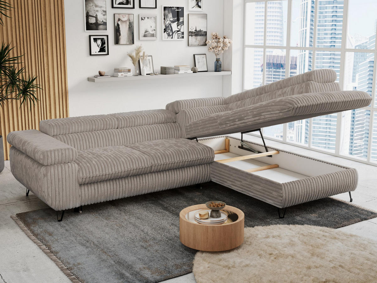 ECKSOFA PETER L Hellbraun Cord - Rechts Seite - Hellbraun/Schwarz, Textil/Metall (273/208cm) - MKS
