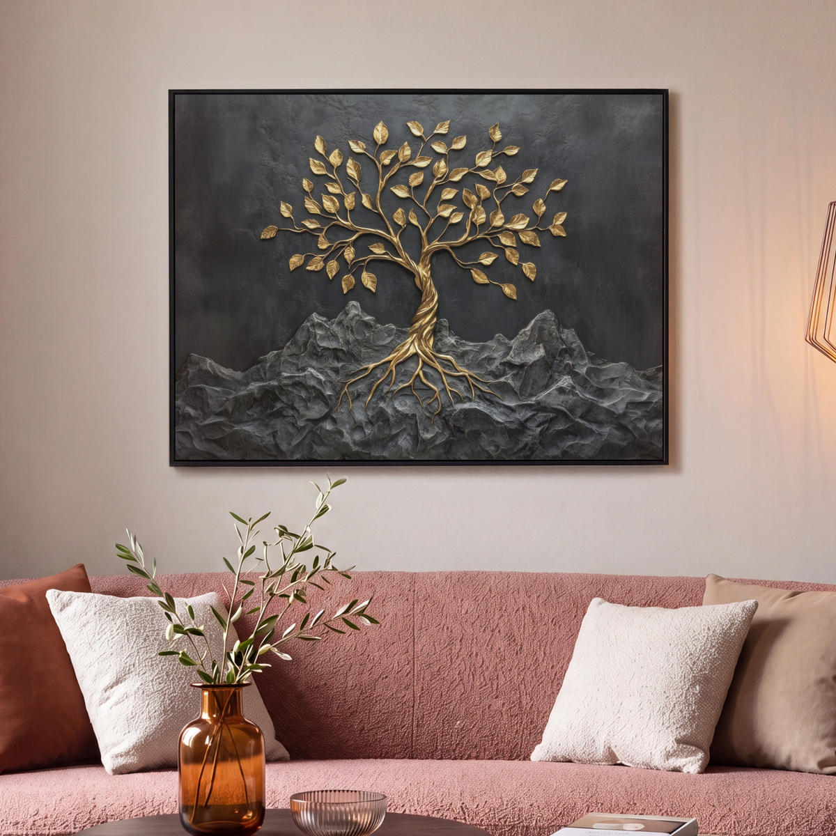 LEINWAND Bilder mit Rahmen - Blätter - Gold - Baum - Fels - 100x70 - Schwarz, Textil (100/70cm) - MuchoWow