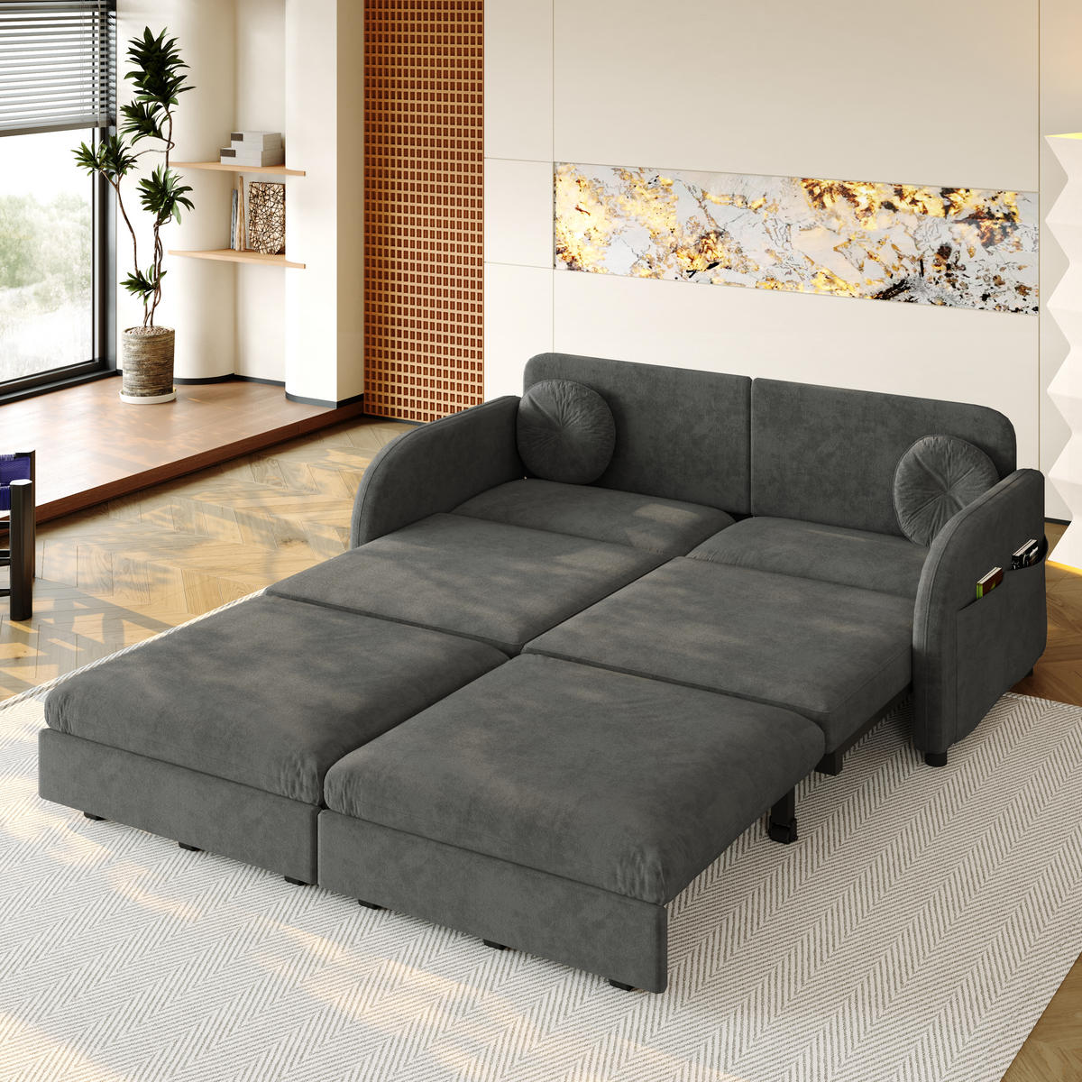 SCHLAFSOFA 166/84/90 cm Grau Chenille mit losen Kissen und Stautaschen an beiden Seiten - Grau, Textil (84/90/166cm) - Oxeza