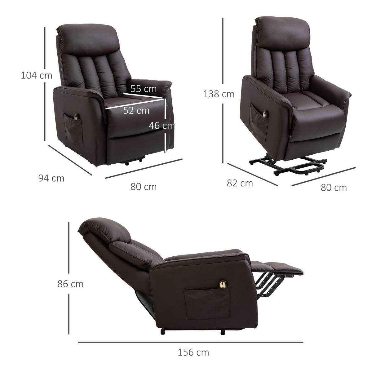 AUFSTEHSESSEL mit Aufstehhilfe Fernsehsessel Liegefunktion Kunstleder Braun - Schwarz/Braun, Leder/Kunststoff (94/104/80cm) - HOMCOM