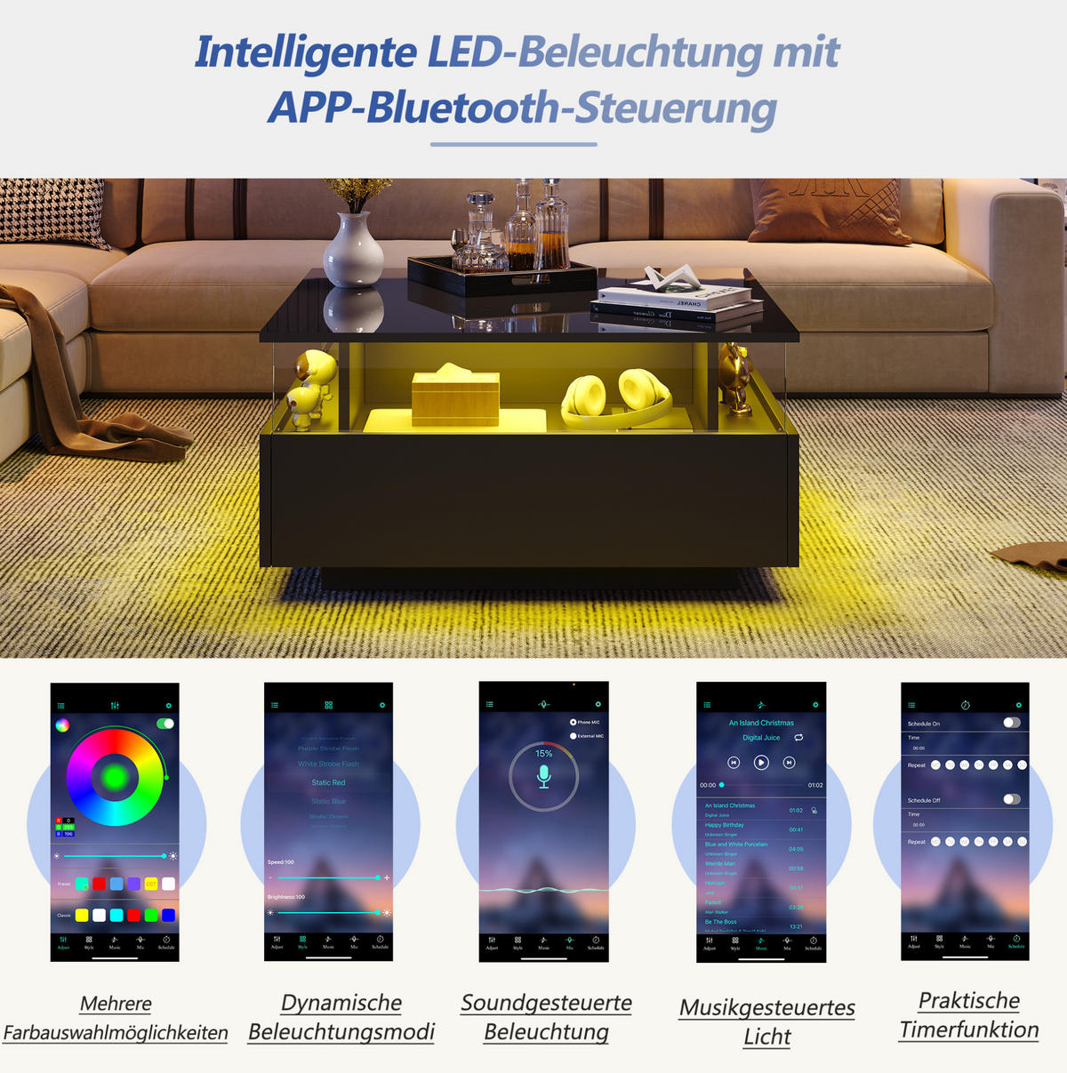 COUCHTISCH aus Spanplatte 70x70x41 cm in Schwarz mit LED & 2 Schubladen - Schwarz, Holzwerkstoff (70/70/41cm) - Modfu