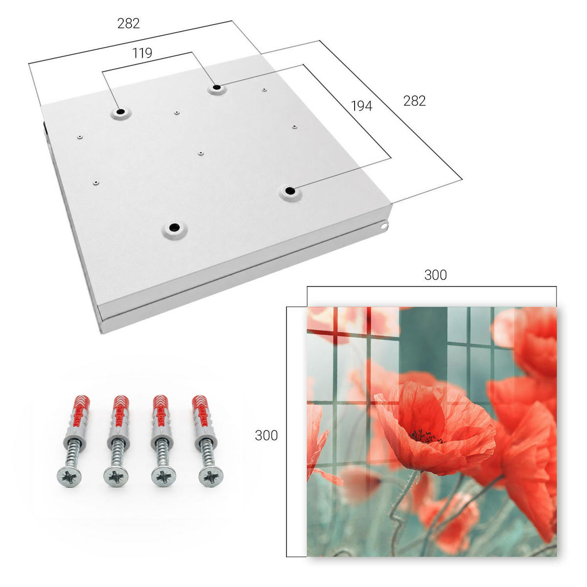 SCHLÜSSELBOX Weiß 30x30 cm – Türöffnung nach rechts - Rote Mohnblumen - Rot, Metall (30/30/5cm) - TULUP