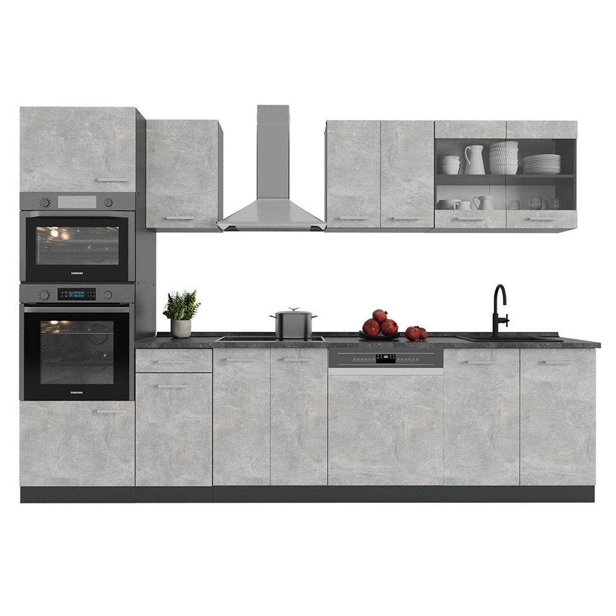 KÜCHENZEILE R-Line Beton/Anthrazit 300 cm mit Hochschrank, ohne Arbeitsplatte - Schieferfarben/Anthrazit, Holzwerkstoff (300/81.6/46cm) - Vicco