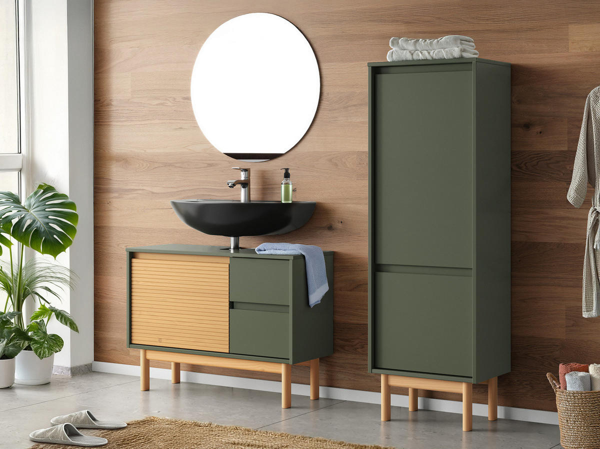 MIDISCHRANK - Pinie massiv - Grau/Grün, Holz (44/138/35cm) - home24