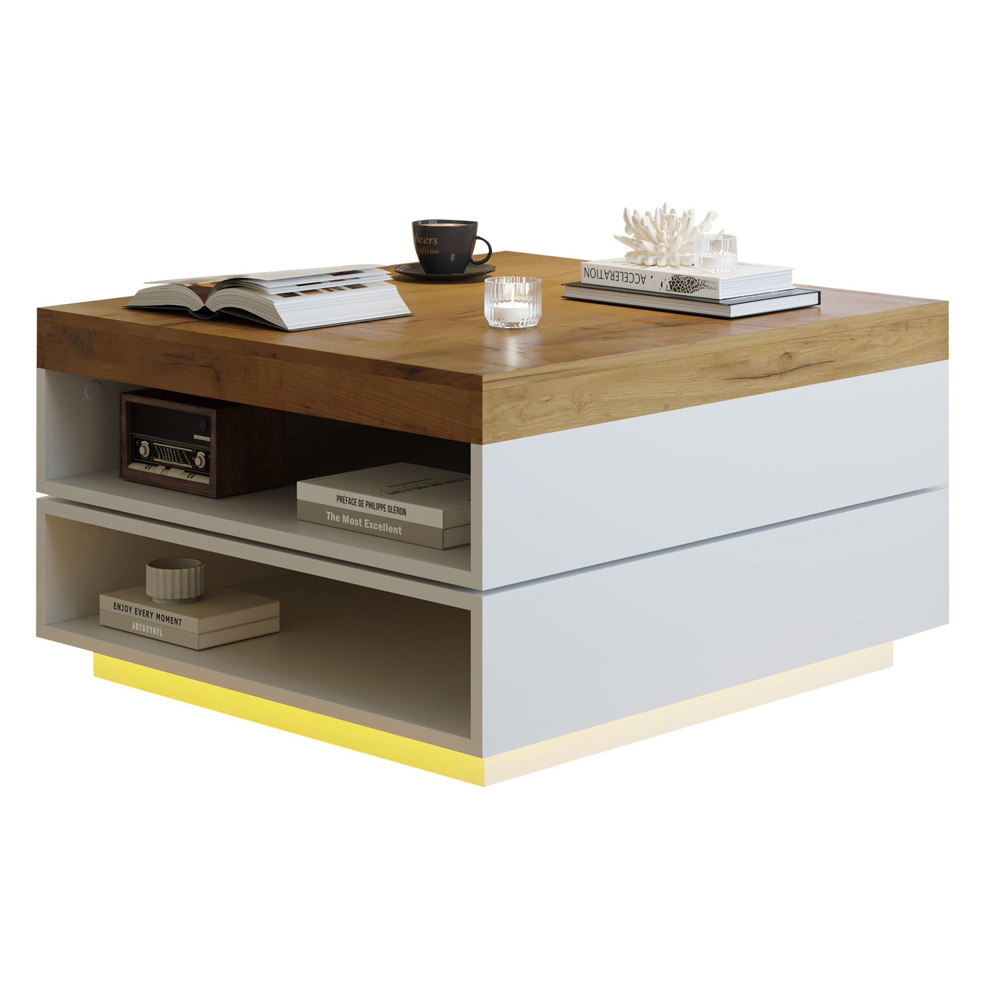 COUCHTISCH aus MDF 65x65x40 cm in Eichefarben mit LED-Beleuchtung - Eichefarben, Holzwerkstoff (65/65/40cm) - Modfu