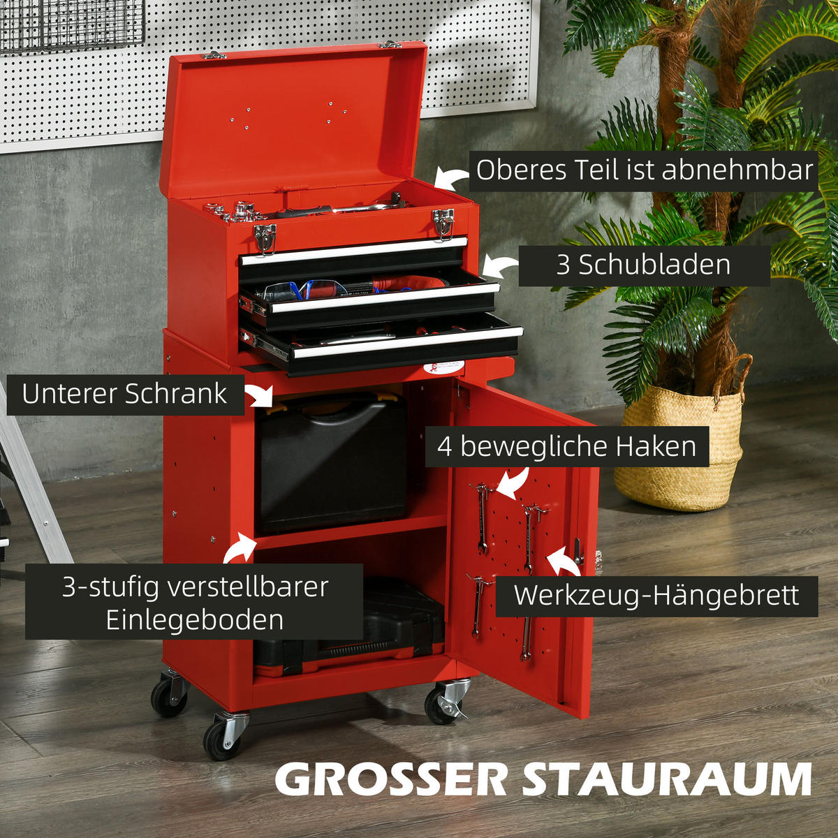 WERKSTATTWAGEN 2-in-1 , Stahl, Rot - Rot, Metall (46/94/28cm) - DURHAND