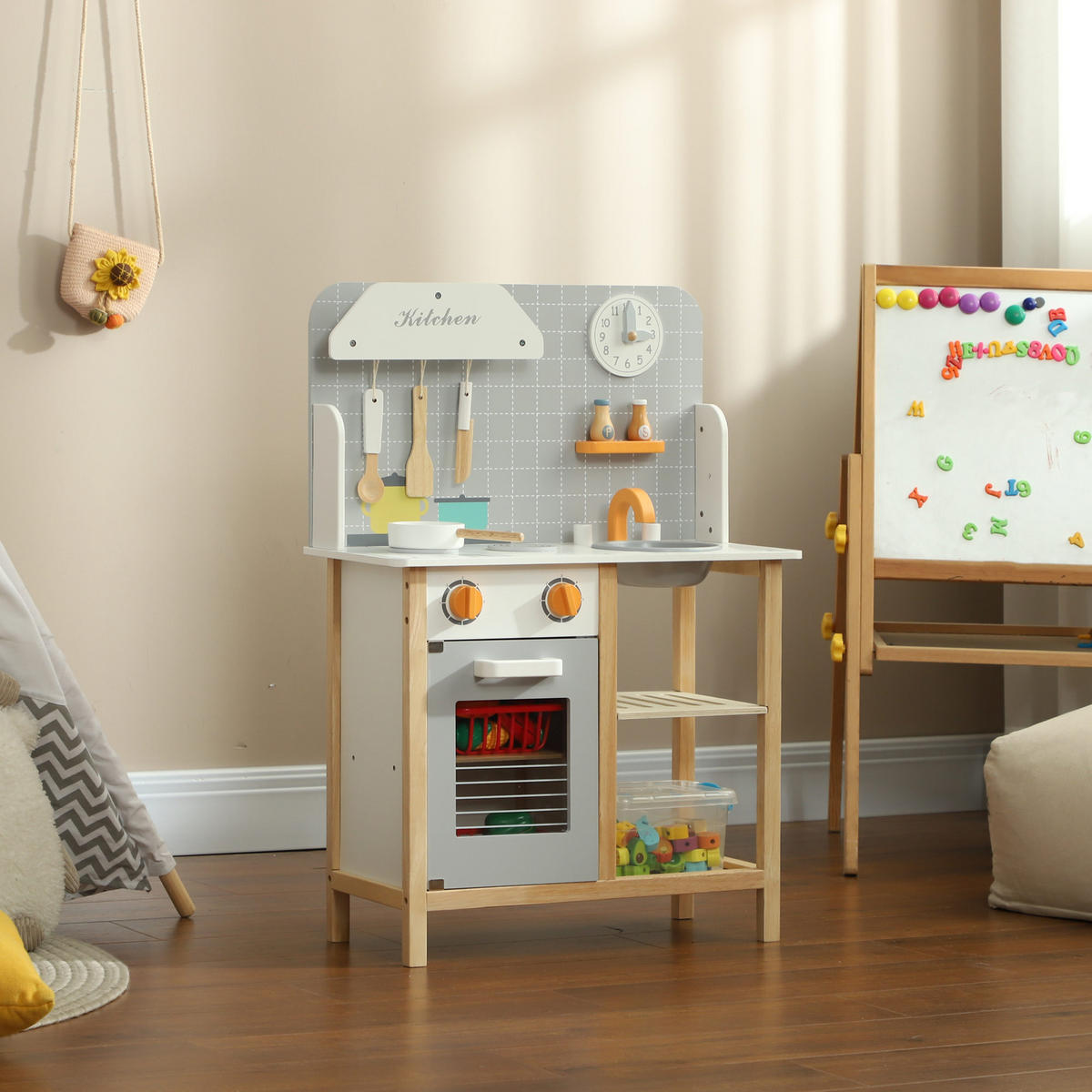 KINDERKÜCHE Spielküche mit Herd, Ofen, Spüle, Uhr & Ablagen für 3-6 Jahre Grau - Grau, Holzwerkstoff (57/26/82cm) - AIYAPLAY
