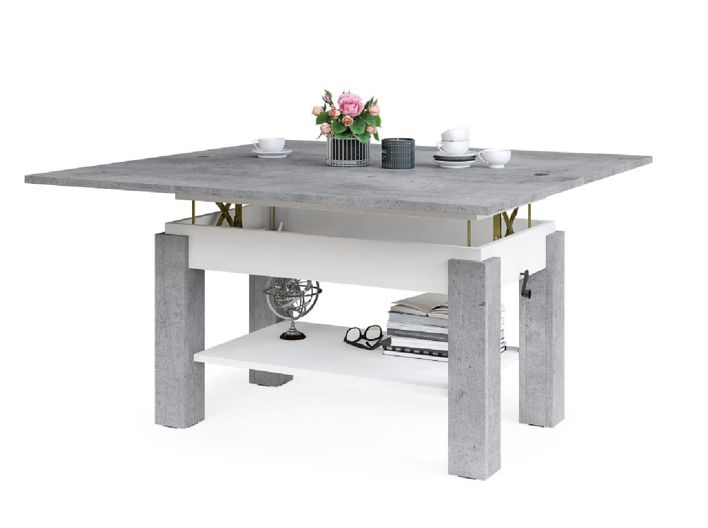 COUCHTISCH rechteckig Beton - Weiß ausziehbar höhenverstellbar - Hellgrau/Weiß, Holzwerkstoff (65/130/60cm) - designimpex